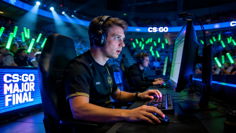 《CS:GO》Major锦标赛决赛现场 - 职业选手在聚光灯下专注比赛的画面