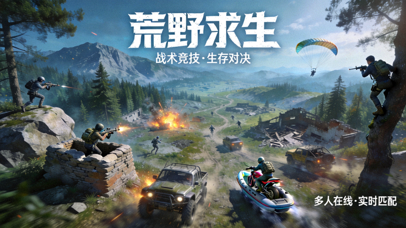 《荒野求生》战术竞技游戏宣传图 - 多名玩家在广阔地图中利用地形和载具进行生存对决的激烈场景