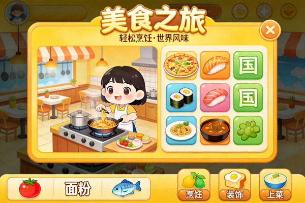 《美食之旅》游戏界面 - 一款轻松愉快的烹饪模拟游戏，玩家经营餐厅制作各国美食