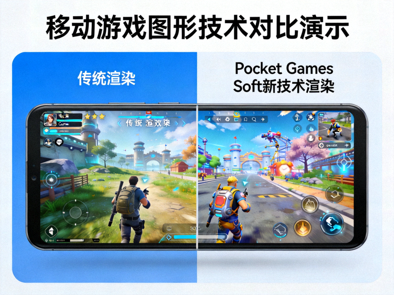 移动游戏图形技术对比演示 - 左侧为传统渲染效果，右侧为Pocket Games Soft新技术渲染效果
